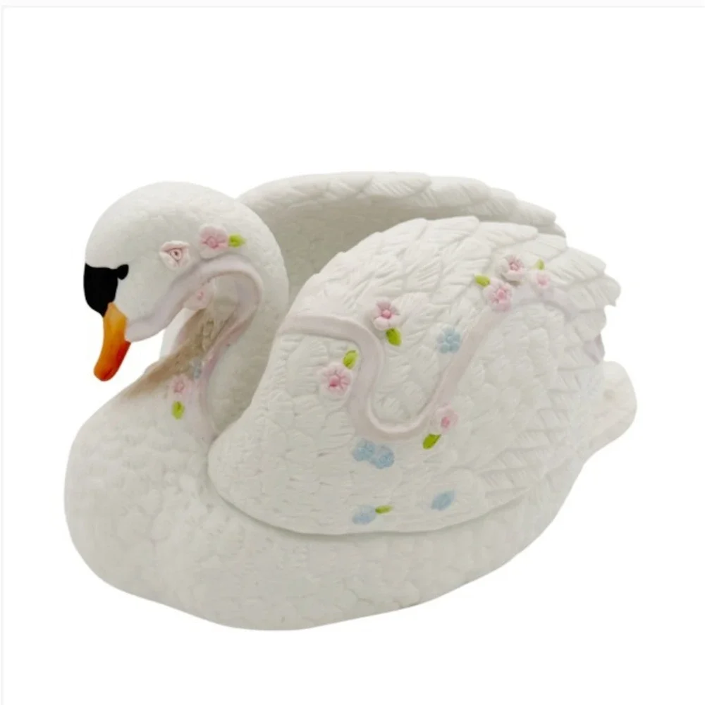 VTG 1986 ENESCO White Swan Figurine Card Holder Floral Cottagecore Decor Korea